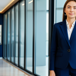 **

"A confident businesswoman in a modest, navy blue business suit, standing in a modern office lobby with glass walls and contemporary art. Fully clothed, appropriate attire. Safe for work. Perfect anatomy, correct proportions, natural pose. Professional corporate photography, bright and clean lighting, high quality."

**