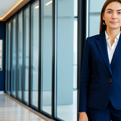 **

"A confident businesswoman in a modest, navy blue business suit, standing in a modern office lobby with glass walls and contemporary art. Fully clothed, appropriate attire. Safe for work. Perfect anatomy, correct proportions, natural pose. Professional corporate photography, bright and clean lighting, high quality."

**