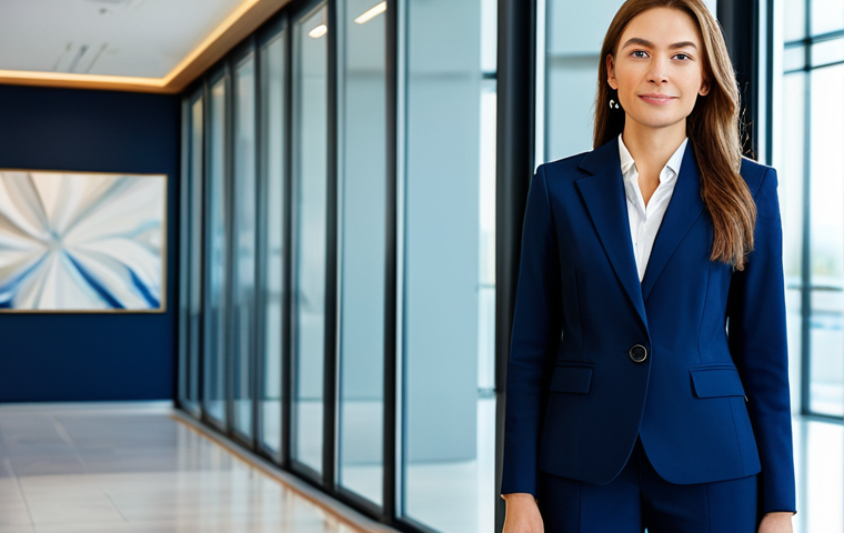 **

"A confident businesswoman in a modest, navy blue business suit, standing in a modern office lobby with glass walls and contemporary art. Fully clothed, appropriate attire. Safe for work. Perfect anatomy, correct proportions, natural pose. Professional corporate photography, bright and clean lighting, high quality."

**