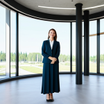 **

"A professional female architect, fully clothed in modest, elegant professional attire, standing confidently in front of a modern, sustainable building design mock-up in a bright, spacious office. Natural light, perfect anatomy, correct proportions, well-formed hands, safe for work, appropriate content, family-friendly, high-resolution, showcasing innovation in design, professional setting."

**