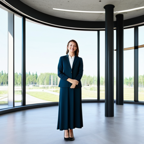 **

"A professional female architect, fully clothed in modest, elegant professional attire, standing confidently in front of a modern, sustainable building design mock-up in a bright, spacious office. Natural light, perfect anatomy, correct proportions, well-formed hands, safe for work, appropriate content, family-friendly, high-resolution, showcasing innovation in design, professional setting."

**