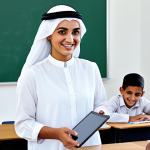 **

A professional Arab teacher in a modest, traditional dress, smiling warmly in a bright, modern classroom with students engaged in group work. The classroom is equipped with tablets and interactive whiteboards. Focus on fostering teamwork and effective communication. Safe for work, appropriate content, fully clothed, professional, modest, perfect anatomy, correct proportions, natural pose, well-formed hands, proper finger count, natural body proportions, high quality.

**