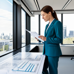 **

A professional female architect, fully clothed in a modest business attire (pantsuit), standing in a bright, modern architectural office. She's reviewing blueprints with a male colleague (also fully clothed in professional attire). The office has large windows with a city view. Safe for work, appropriate content, perfect anatomy, correct proportions, well-formed hands, proper finger count, natural body proportions, professional, family-friendly.

**