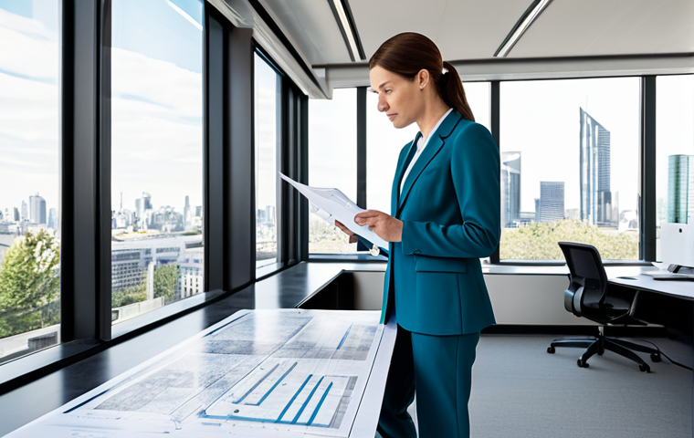 **
A professional female architect, fully clothed in a modest business attire (pantsuit), standing in a bright, modern architectural office. She's reviewing blueprints with a male colleague (also fully clothed in professional attire). The office has large windows with a city view. Safe for work, appropriate content, perfect anatomy, correct proportions, well-formed hands, proper finger count, natural body proportions, professional, family-friendly.
**