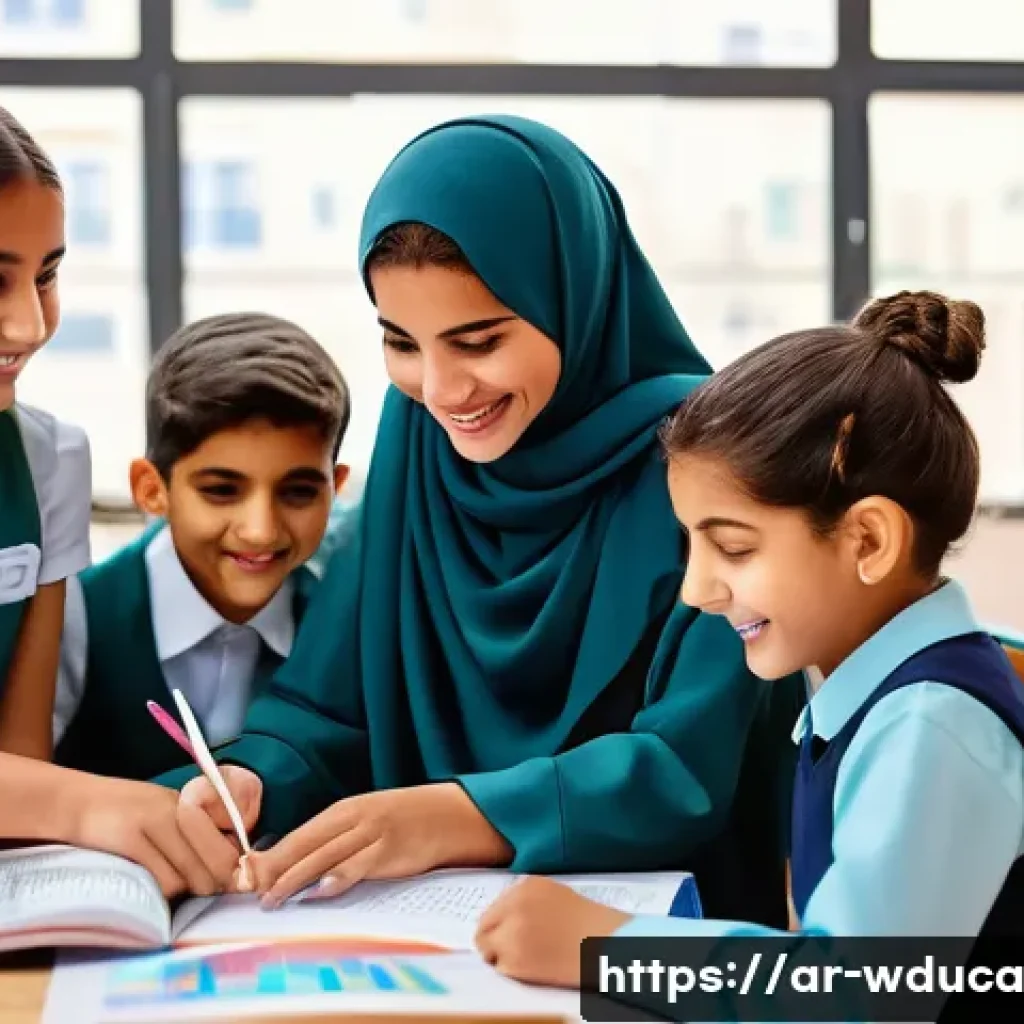 전인적 교육 접근을 위한 다양한 학습 방법 - A vibrant classroom scene in a modern Arab school setting, featuring diverse Arab students engaged i...