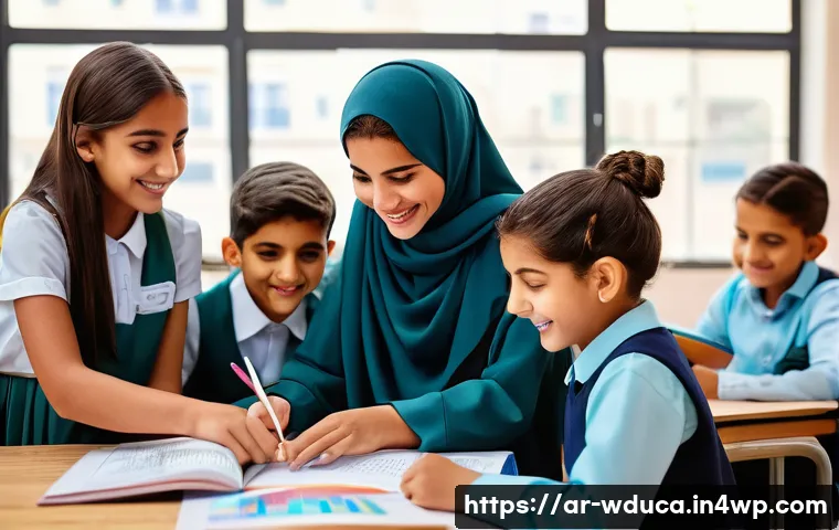 전인적 교육 접근을 위한 다양한 학습 방법 - A vibrant classroom scene in a modern Arab school setting, featuring diverse Arab students engaged i...