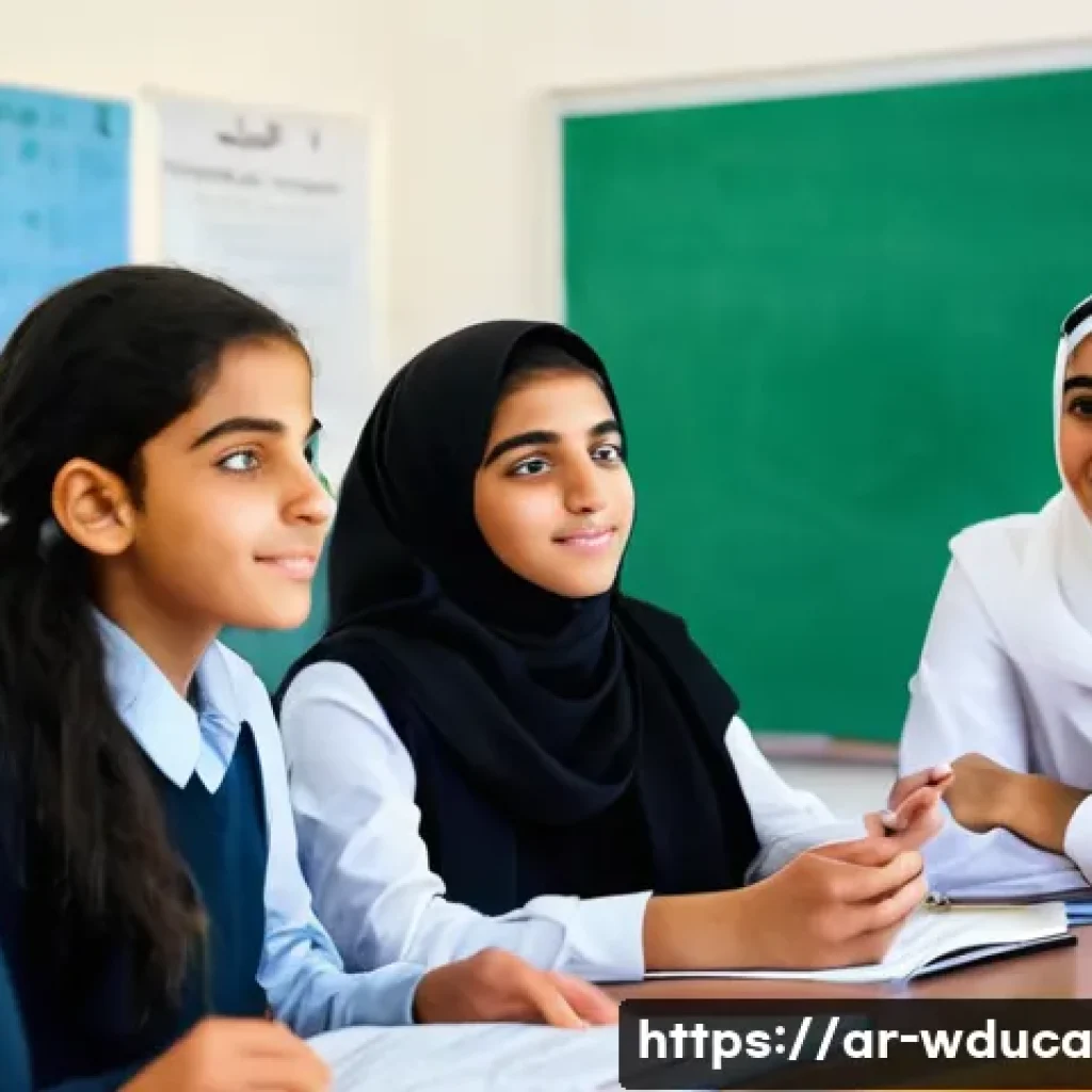 전인적 교육 접근과 협력적 문제 해결 - A diverse group of Arab students aged around 15-17, engaged in a lively classroom discussion focused...