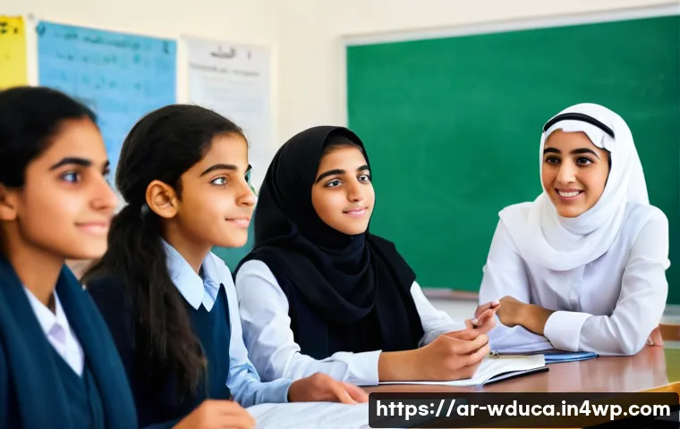 전인적 교육 접근과 협력적 문제 해결 - A diverse group of Arab students aged around 15-17, engaged in a lively classroom discussion focused...