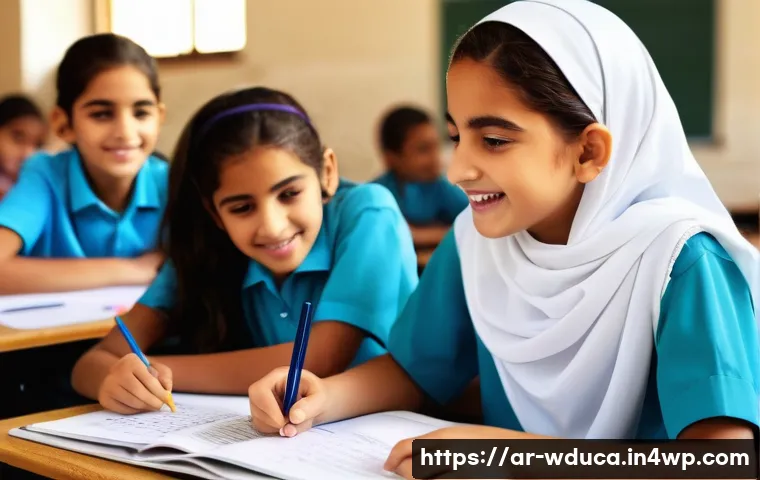 전인적 교육 접근에서의 적응형 학습 전략 - A vibrant classroom scene in a modern Arab school setting, showing a diverse group of students activ...