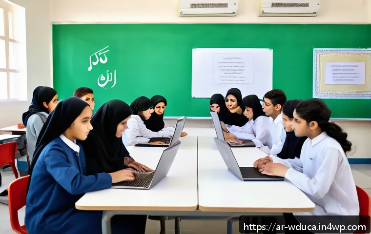 전인적 교육 접근에서의 비판적 반성 - A vibrant classroom scene in an Arabic-speaking country, featuring diverse students engaged in an in...