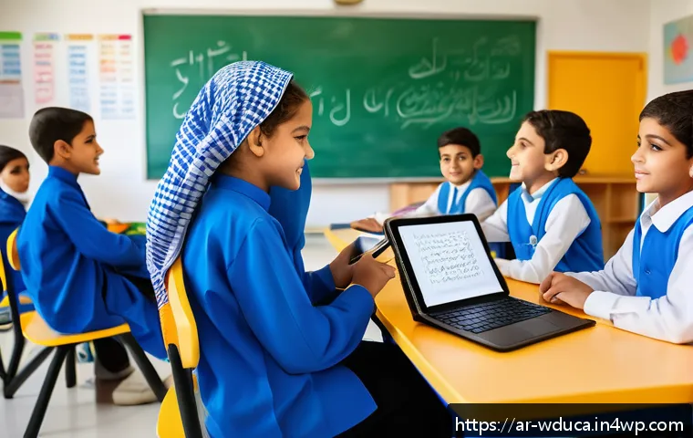 전인적 교육 접근을 위한 지역 사회 참여 방법 - A vibrant classroom scene in a Middle Eastern school setting, featuring a diverse group of attentive...