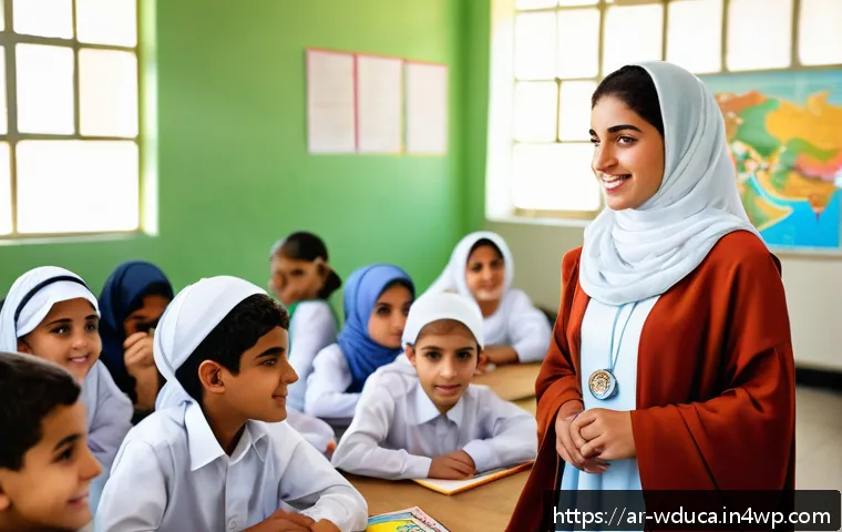 전인적 교육 접근에서의 문화적 다양성 존중 - A vibrant multicultural classroom scene in a Middle Eastern school setting, featuring Arab students ...