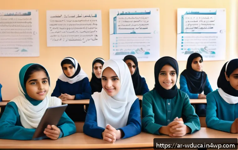 전인적 교육 접근과 급변하는 교육 환경 - A modern classroom scene in a Middle Eastern school, featuring diverse Arab students aged around 14-...