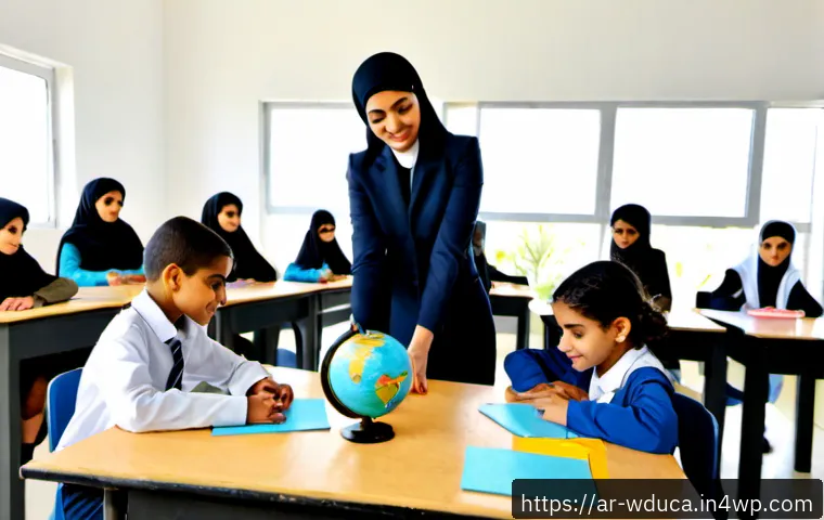 전인적 교육 접근의 통합적 접근 방법 - Photorealistic holistic learning scene in a bright modern Arab classroom, a warm female teacher in m...