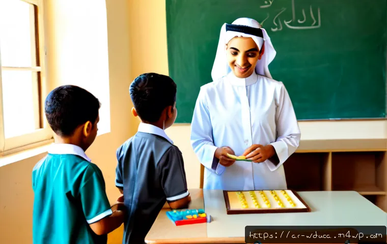 전인적 교육 접근에서의 차별화된 학습 - Photorealistic Arab classroom illustrating differentiated holistic learning, a warm attentive teache...