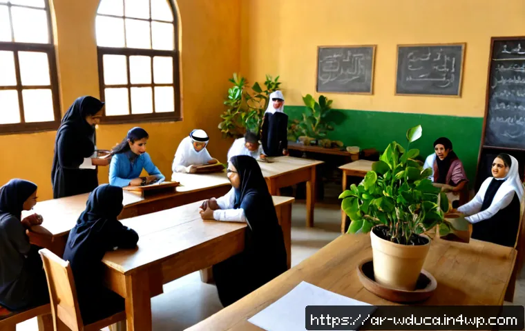 전인적 교육 접근과 교과간 통합 교육 - Photorealistic holistic education classroom in an Arab cultural setting, a diverse group of middle-s...